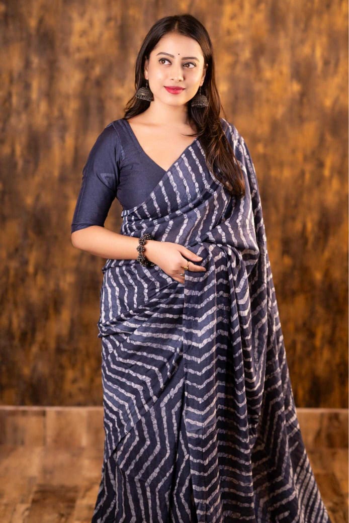 Navy Blue Chanderi Cotton Bagru Batik Printed Saree with Zig Zag Motifs & Tassel Pallu | House of ViDi