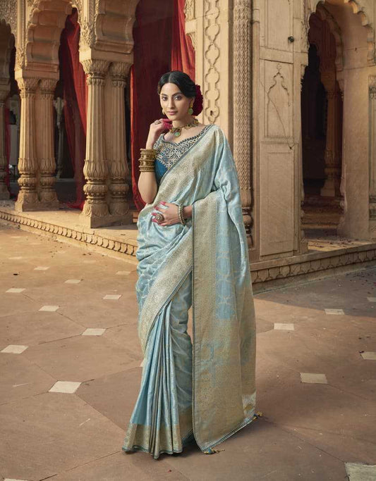 Sky Blue Pure Satin Designer Saree with Lace Border & Heavy Embroidered Contrast Blouse | Party & Traditional Wear