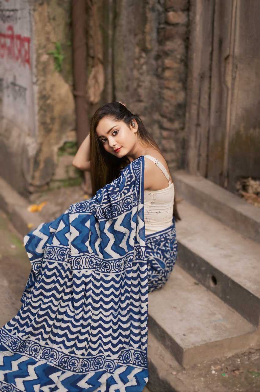 Blue Cotton Ready-to-Wear Printed Saree with Unstitched Blouse | Designer Everyday & Casual Saree
