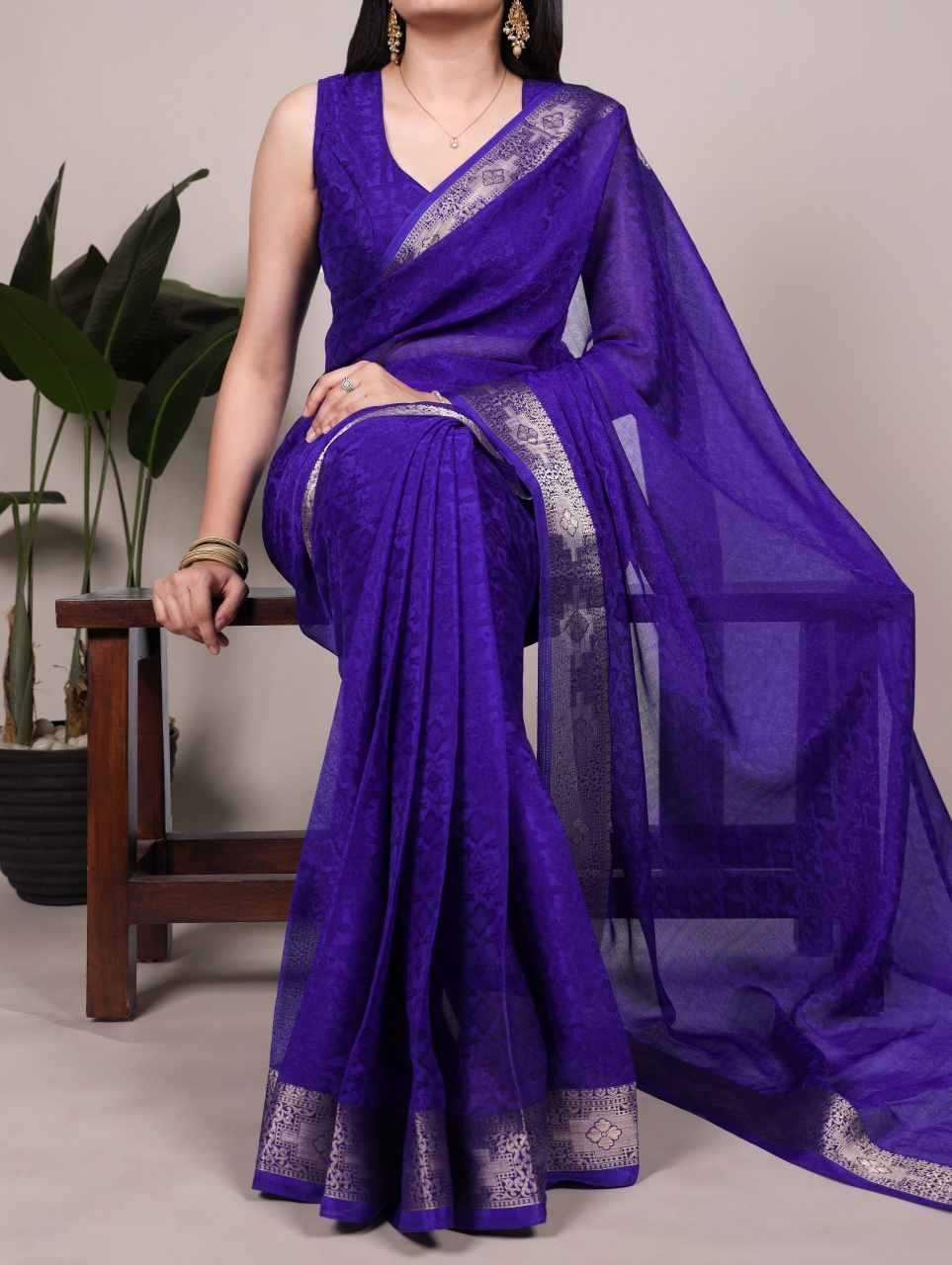 Blue Poly Shimmer Saree with Zari Weaving Border & Matching Blouse | Traditional & Festive Wear Saree - House of ViDi