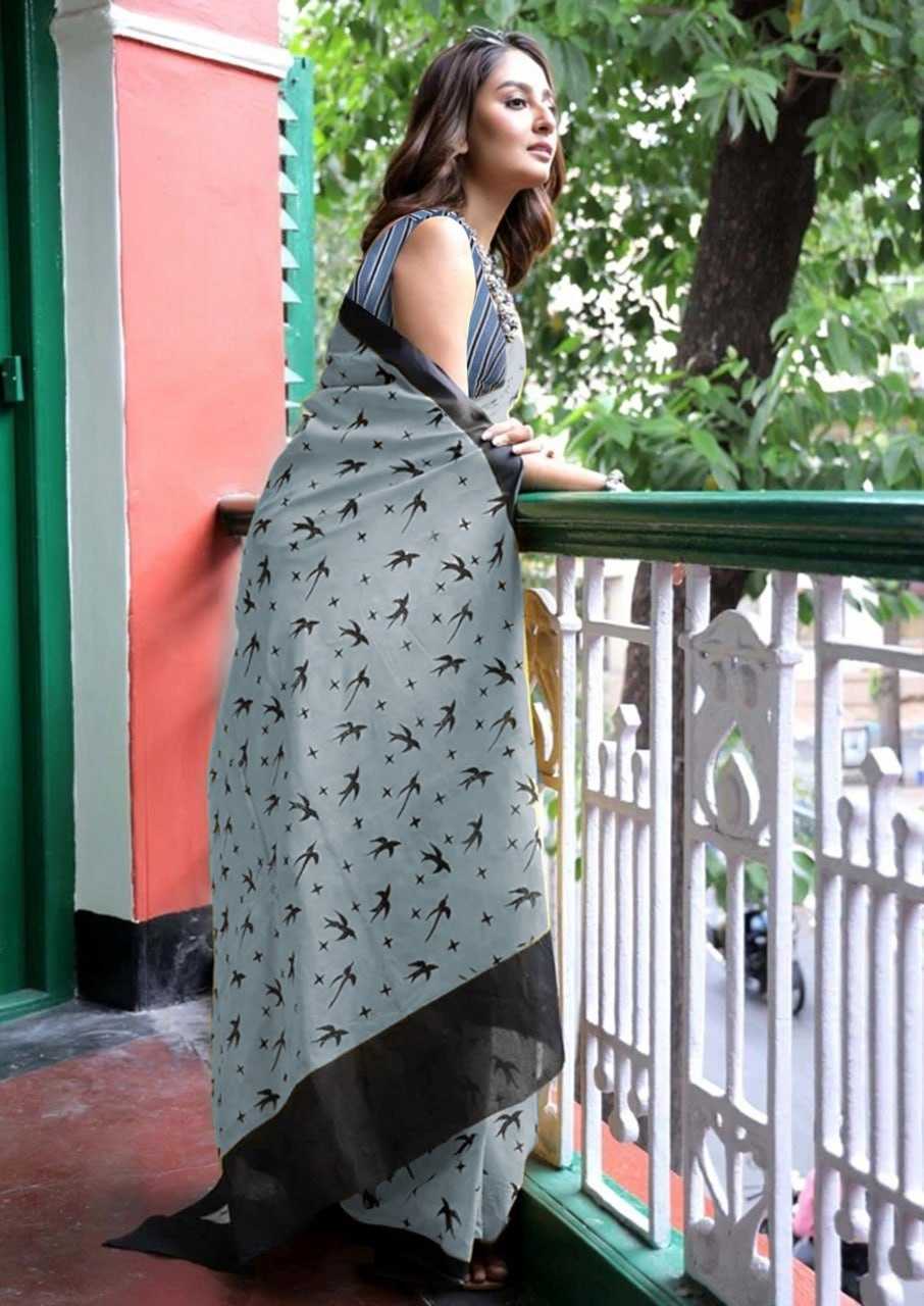 Office Wear Pure Cotton Block Print Saree – Soft Fabric with Unstitched Blouse [Grey] - House of ViDi