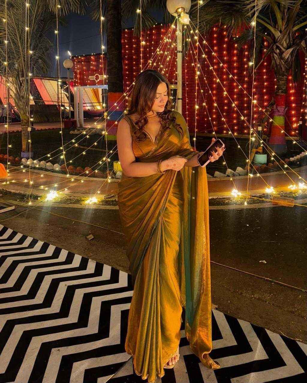 Golden Fendy Satin Handwork Lace Party Wear Saree