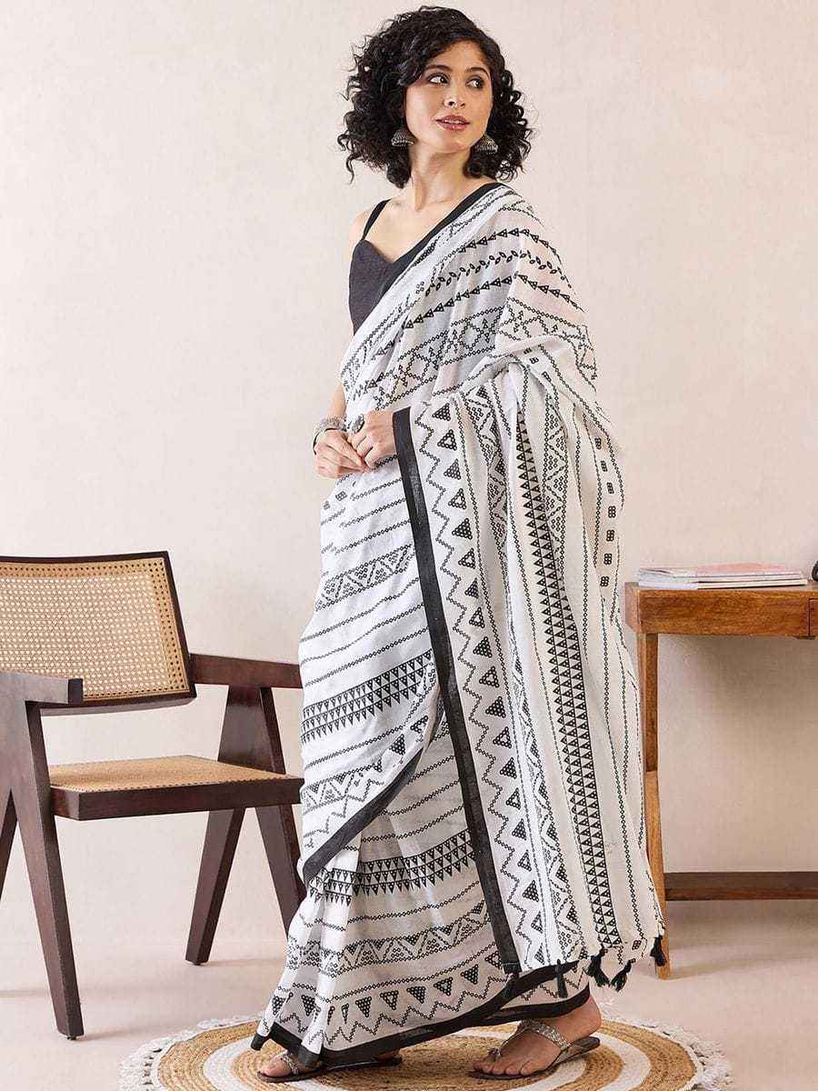 White Ready-to-Wear Mulmul Cotton Printed Saree with Pocket