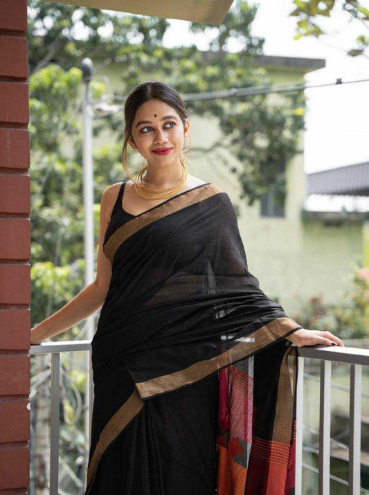 Black Linen Jacquard Saree with Rich Pallu & Woven Border - House of ViDi