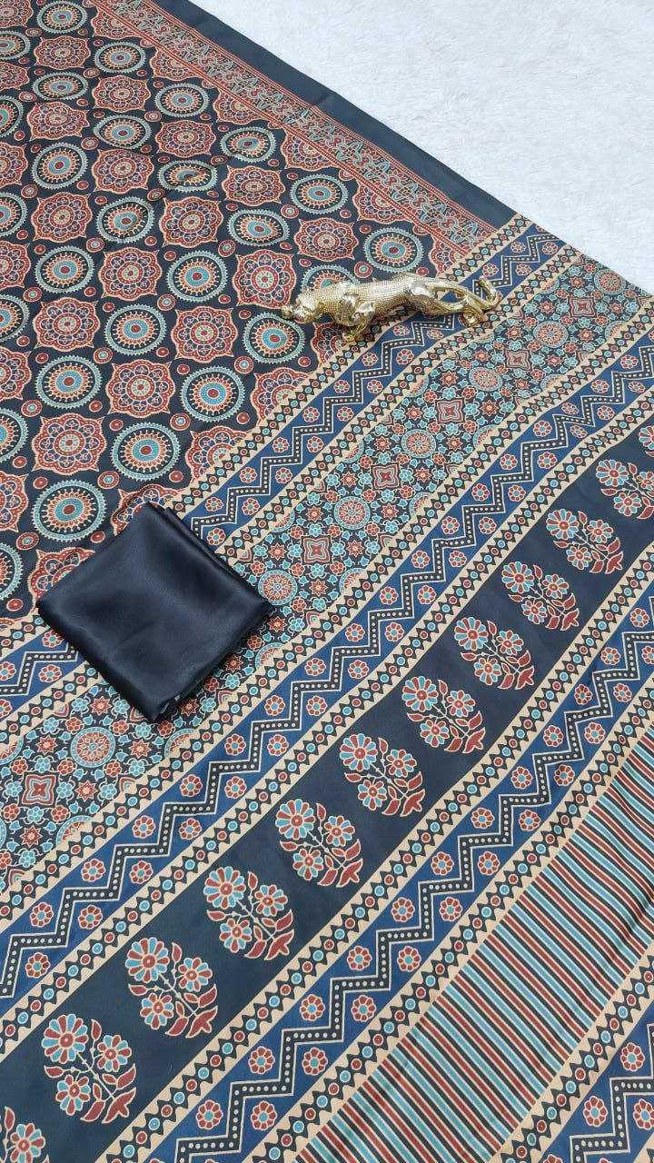 Party Wear Semi Gajji Silk Ajrakh Printed Saree with Rich Pallu & Blouse - House of ViDi