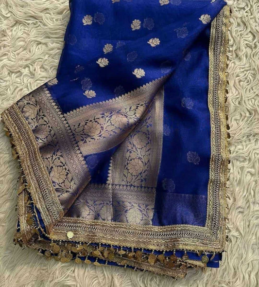 Blue Banarasi Soft Tissue Silk Saree with Zari Weaving & Coin Lace – Elegant Wedding Wear Saree