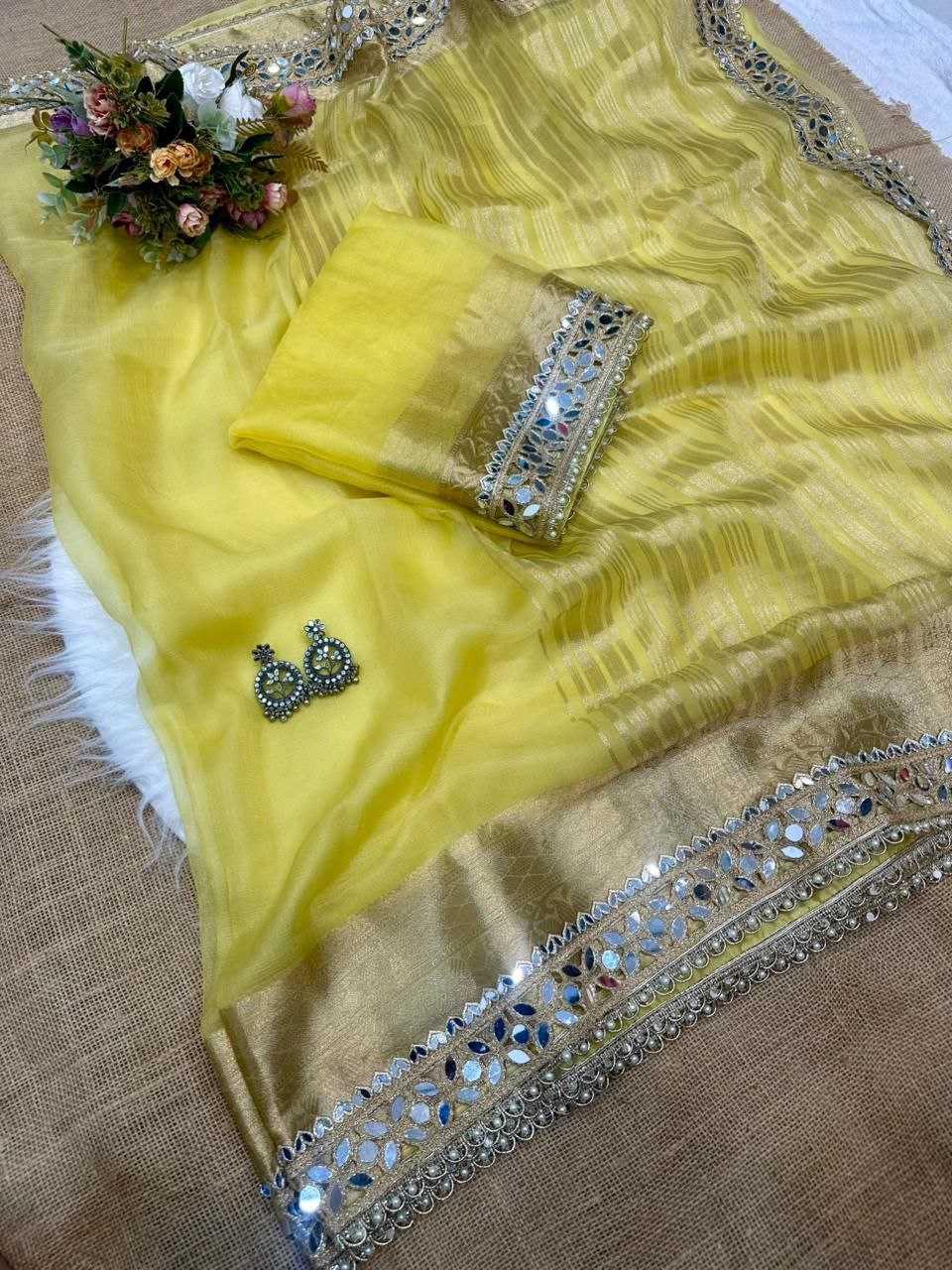 Mustard Yellow Tussar Organza Saree with Mirror Work - House of ViDi