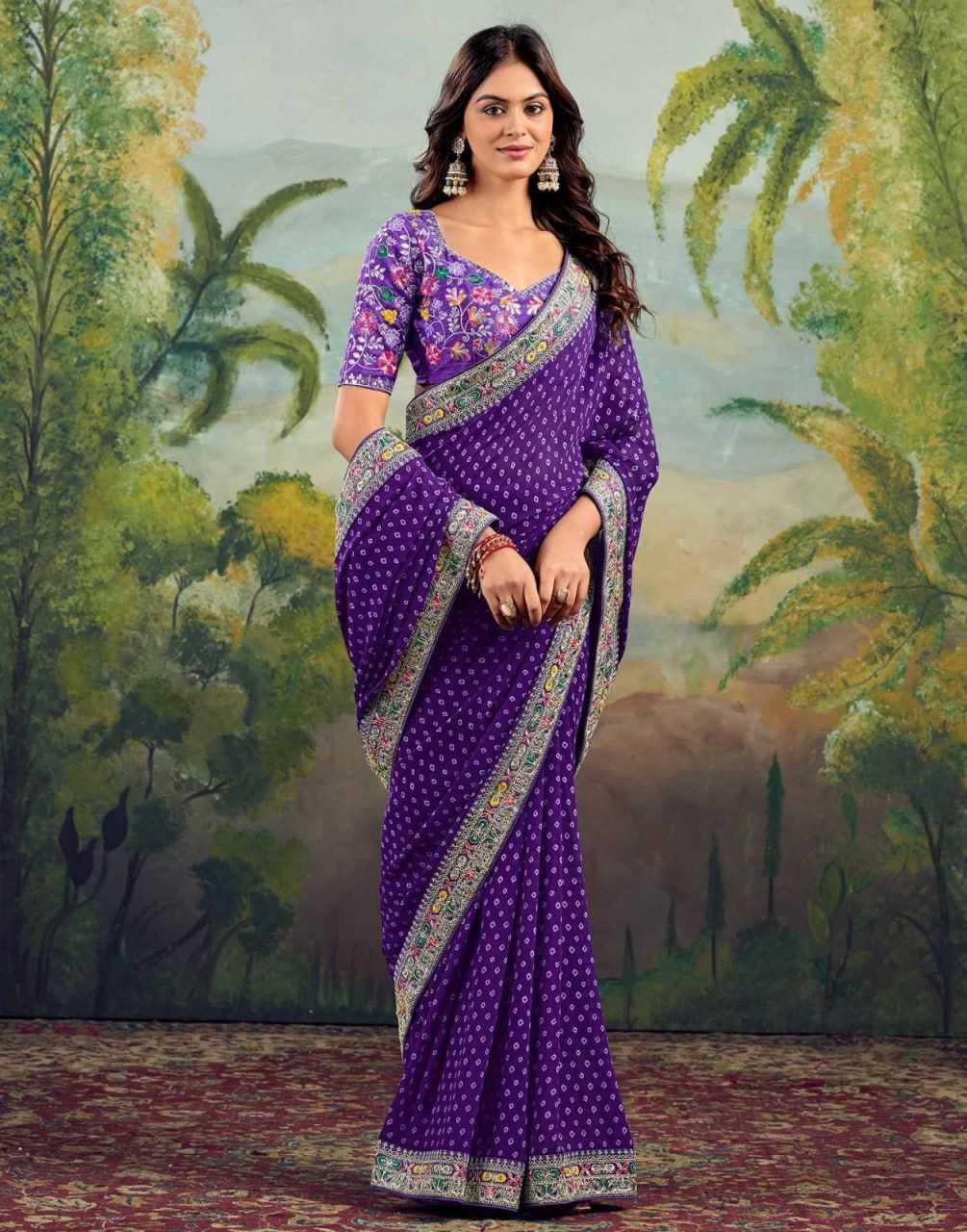 Purple Printed Georgette Saree with Embroidery Lace Border & Designer Blouse - House of ViDi