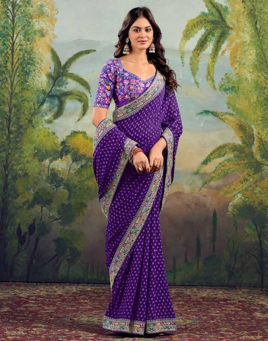 Purple Printed Georgette Saree with Embroidery Lace Border & Designer Blouse - House of ViDi