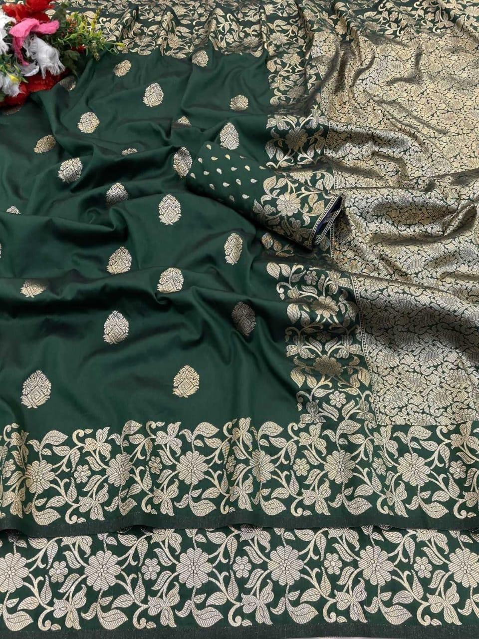 Dark Green Soft Silk Saree with Rich Pallu & All-Over Butta | Pure Katan Look | Traditional Designer Silk Saree - House of ViDi