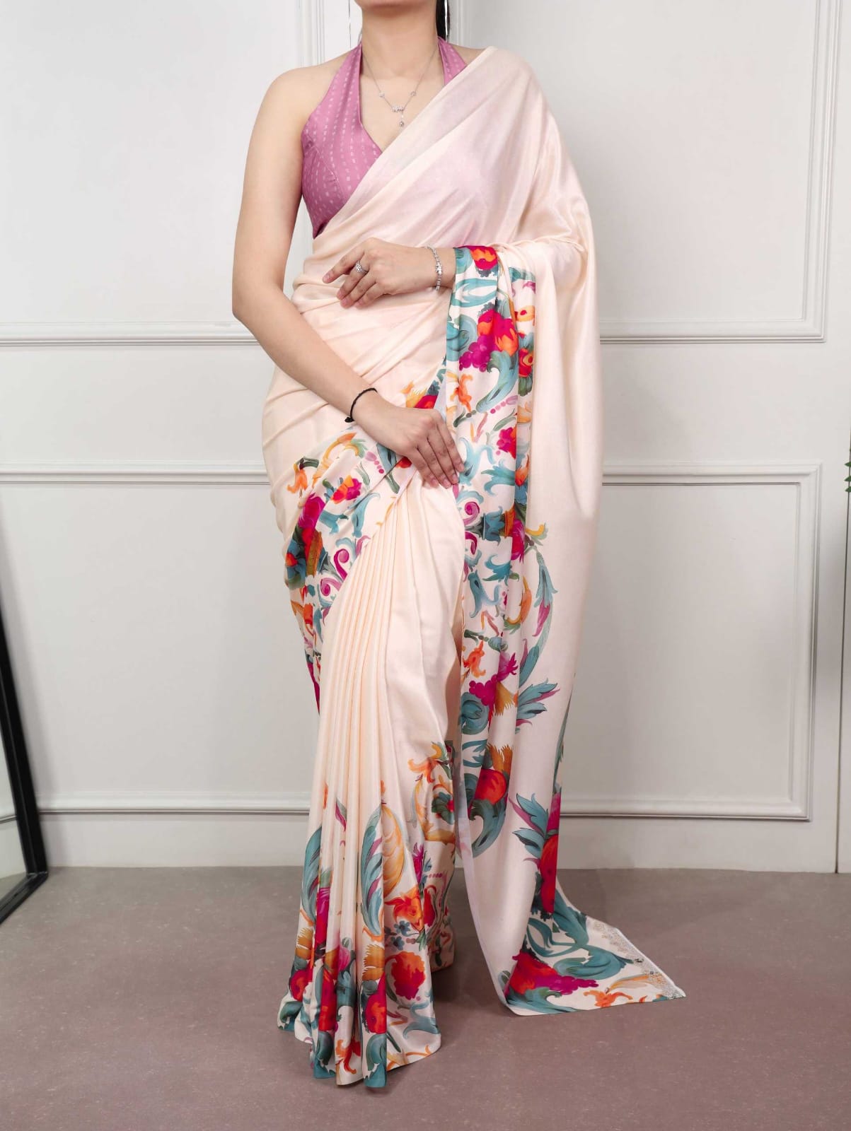 Cream Satin Silk Printed Saree with Designer Blouse - House of ViDi