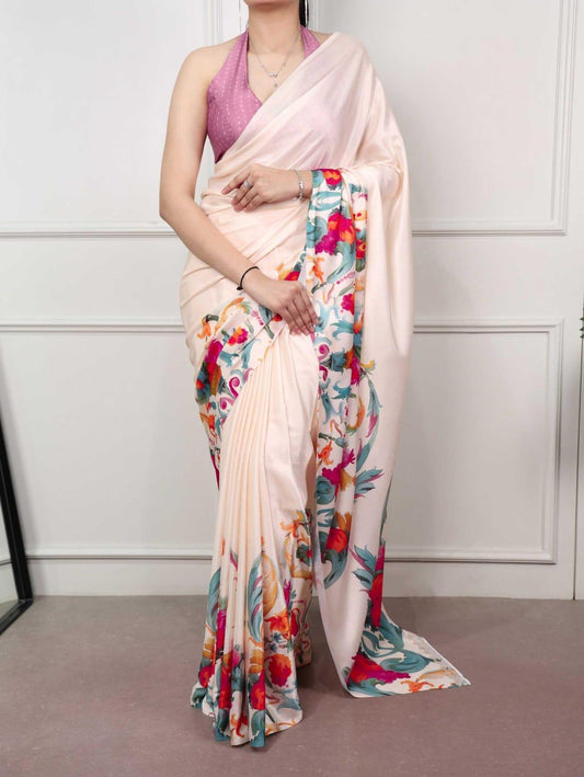 Cream Satin Silk Printed Saree with Designer Blouse - House of ViDi