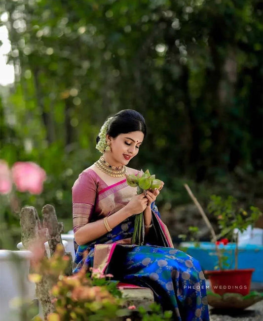 Navy Blue Lichi Silk Saree with Golden Zari Weaving - House of ViDi