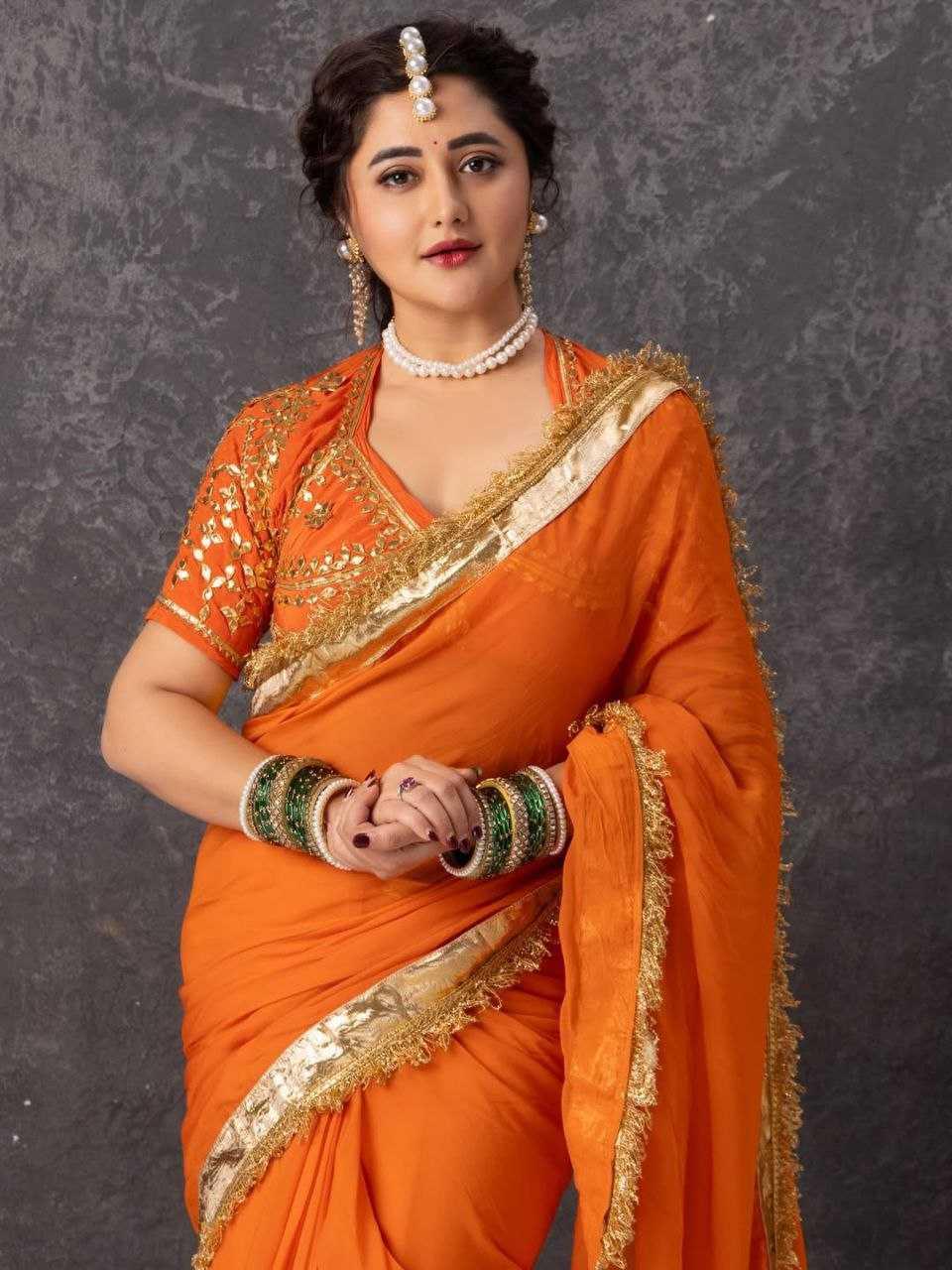 Rashami Desai Inspired Gota Patti Georgette Saree [Orange] - House of ViDi
