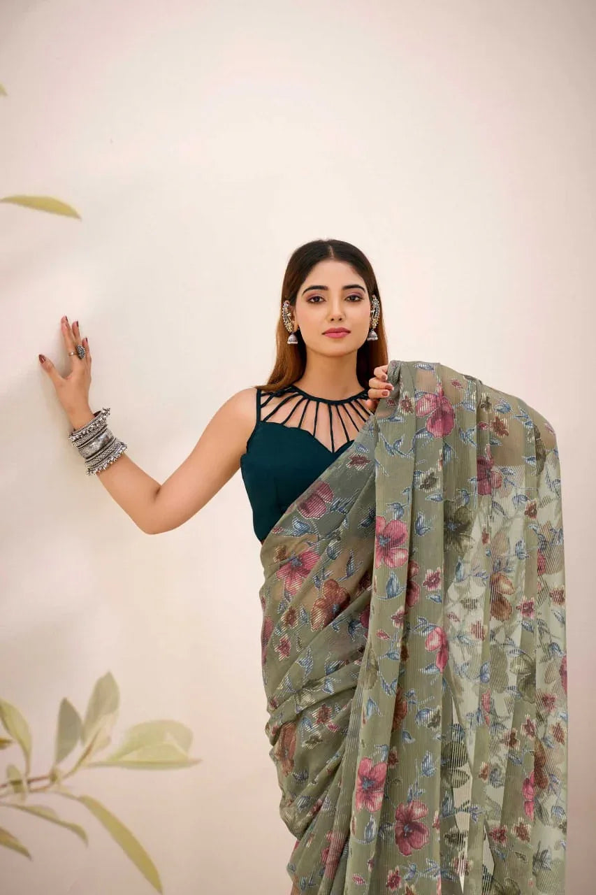 Mehndi Floral Viscose Brasso Designer Saree with Natural Silk Blouse | Festive Wear | House of ViDi - House of ViDi