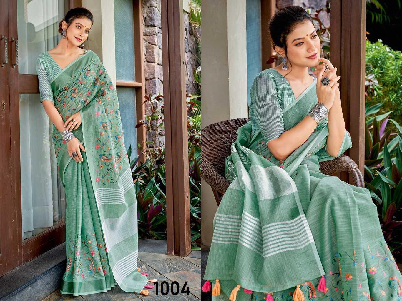 Green Linen Saree with Kashmiri Embroidery & Matching Blouse | Designer Party Wear Saree - House of ViDi