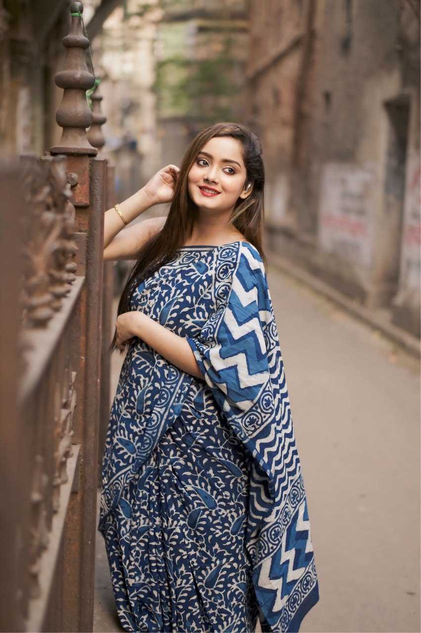 Blue Cotton Ready-to-Wear Printed Saree with Unstitched Blouse | Designer Everyday & Casual Saree