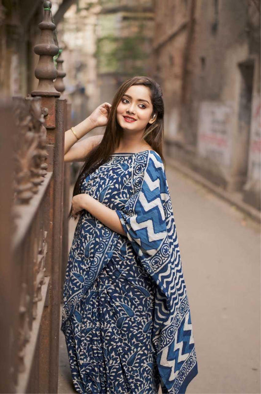 Blue Cotton Printed Ready-to-Wear Saree with Blouse - House of ViDi