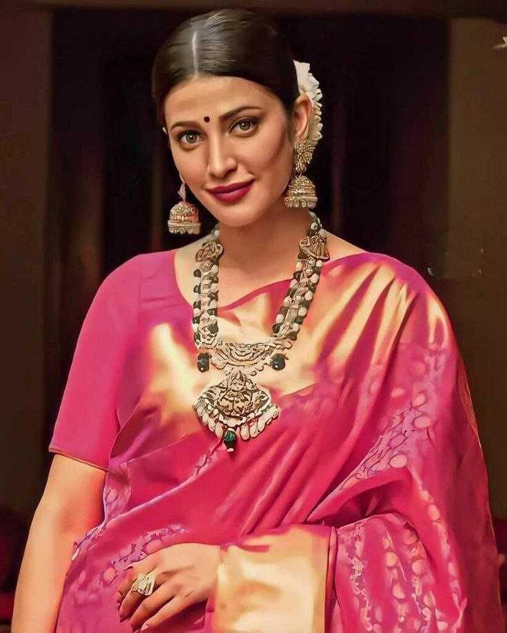 Shruti Haasan Inspired Pink Kanjivaram Tissue Silk Saree with Soft Zari Weaving & Brocade Blouse - House of ViDi