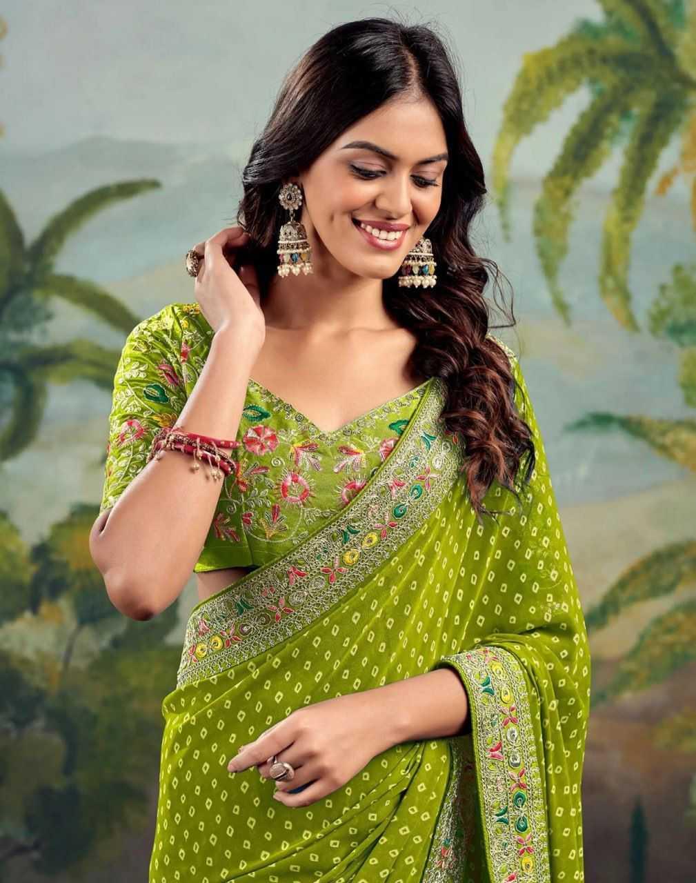 Green Printed Georgette Saree with Embroidery Lace Border & Designer Blouse - House of ViDi