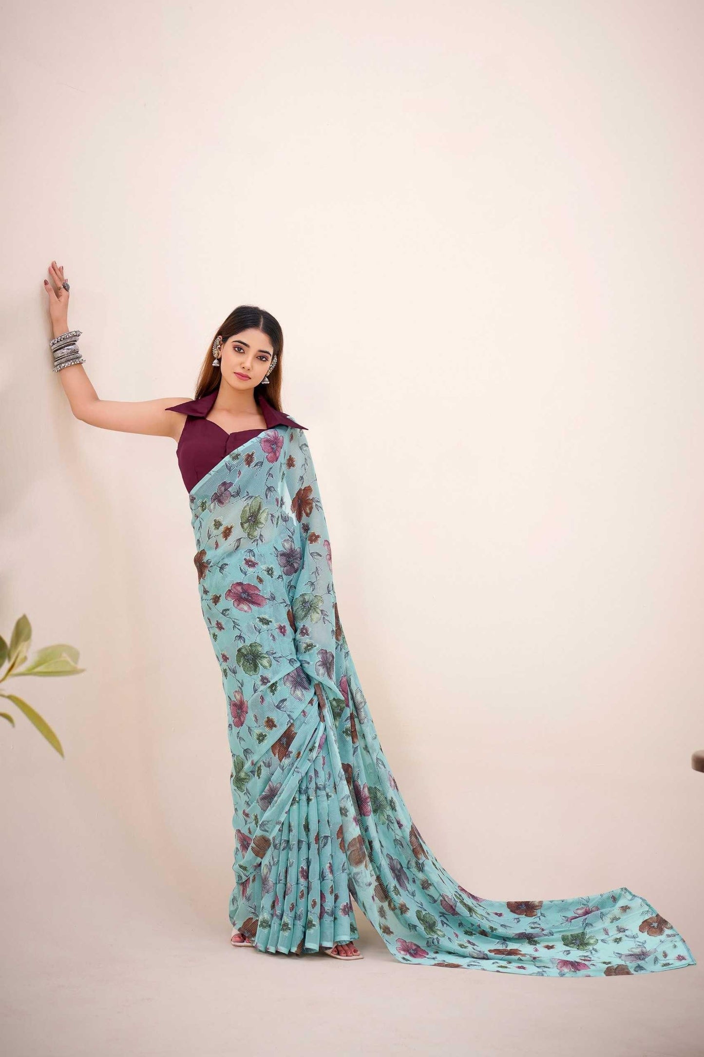 Blue Floral Viscose Brasso Designer Saree with Natural Silk Blouse | Festive Wear | House of ViDi - House of ViDi