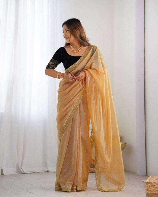 Elegant Lilac Twill Net Saree with 3mm Sequins & Rich Gold Zari Work [Peach Orange]