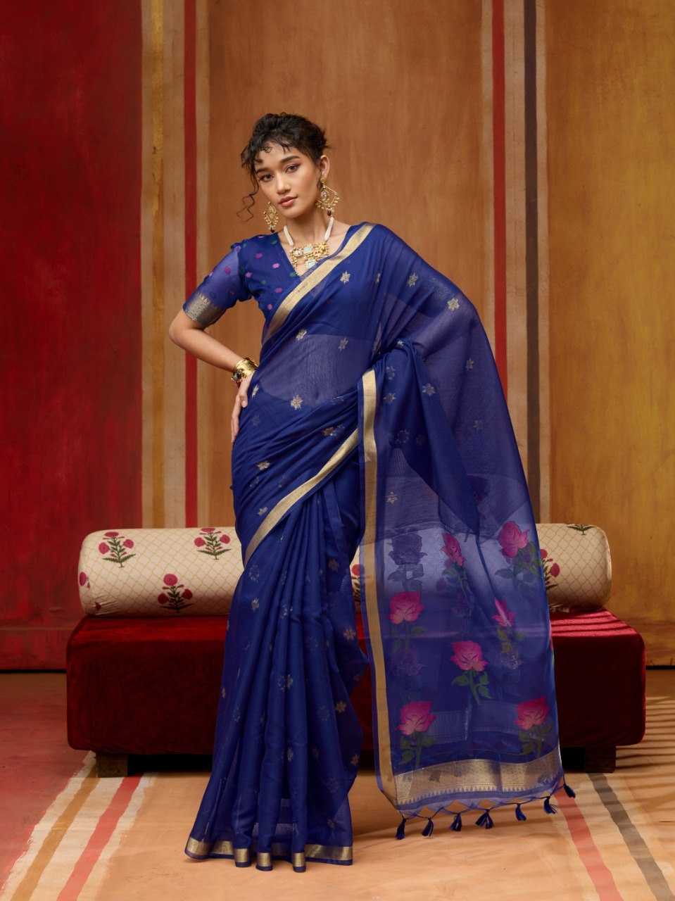 Blue Handloom Silk Saree with Organza Pallu & Woven Design - House of ViDi