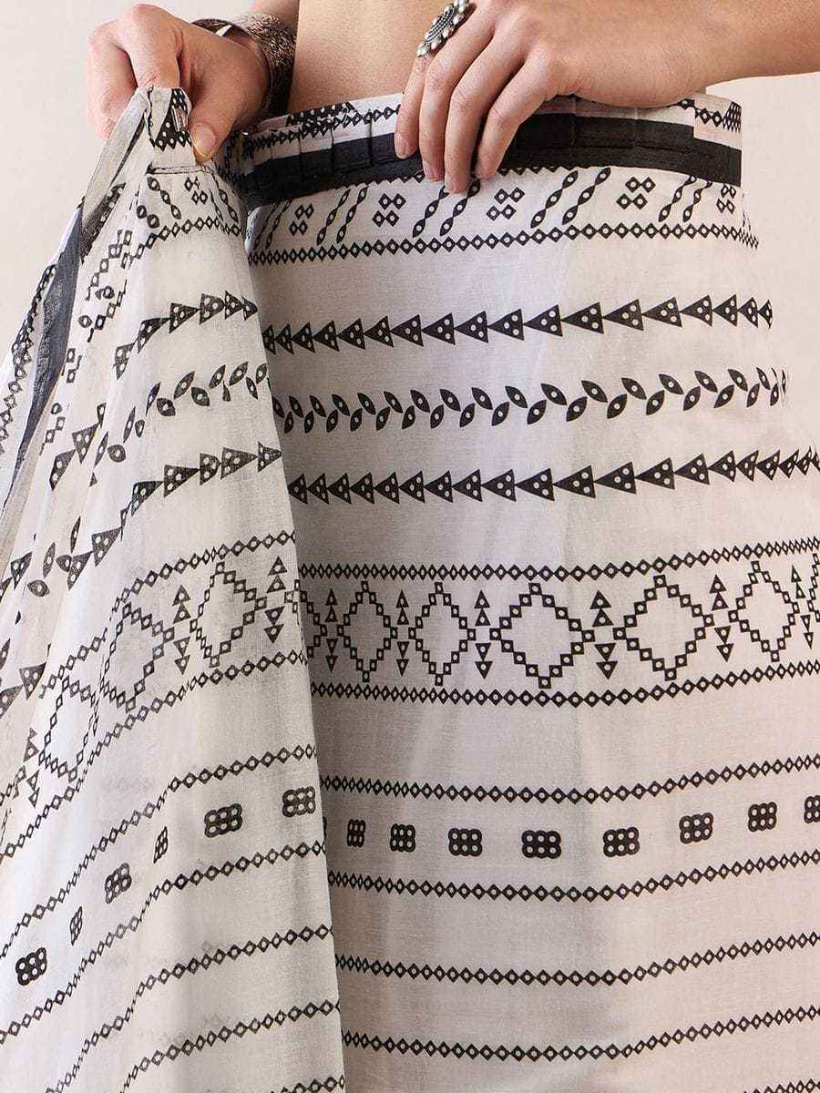 White Ready-to-Wear Mulmul Cotton Printed Saree with Pocket