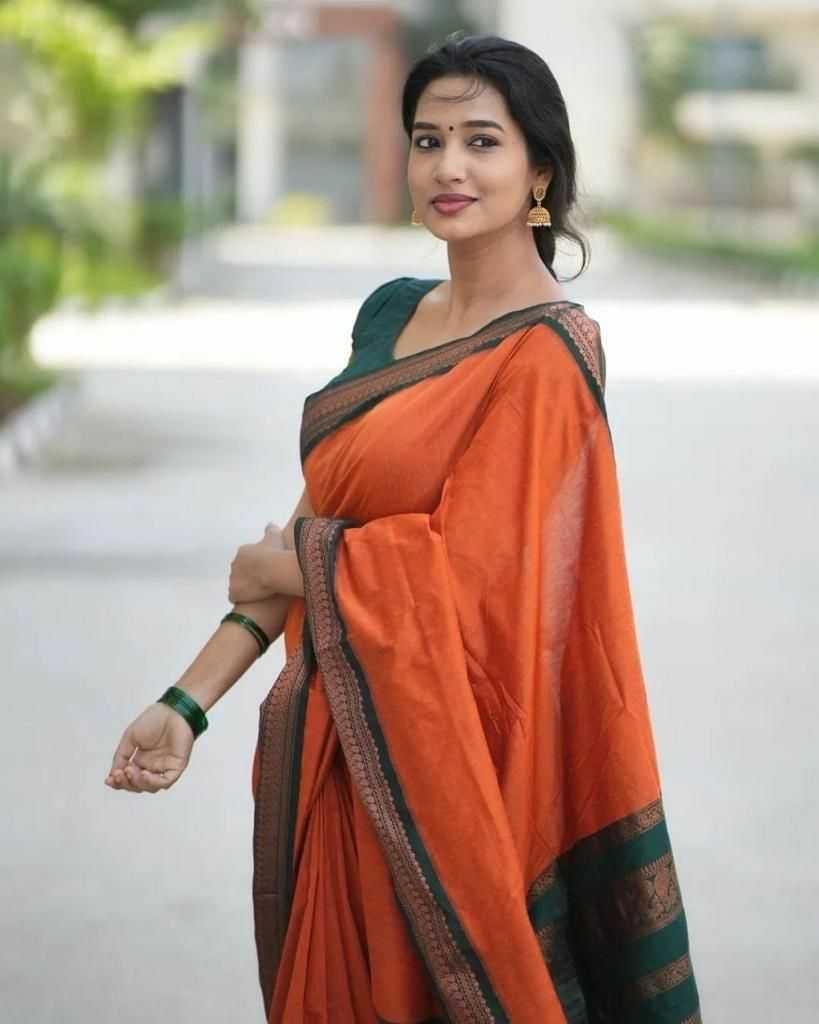 Orange Soft Lichi Silk Saree with Rich Pallu & All-Over Jacquard Weaving | Designer Traditional Silk Saree - House of ViDi