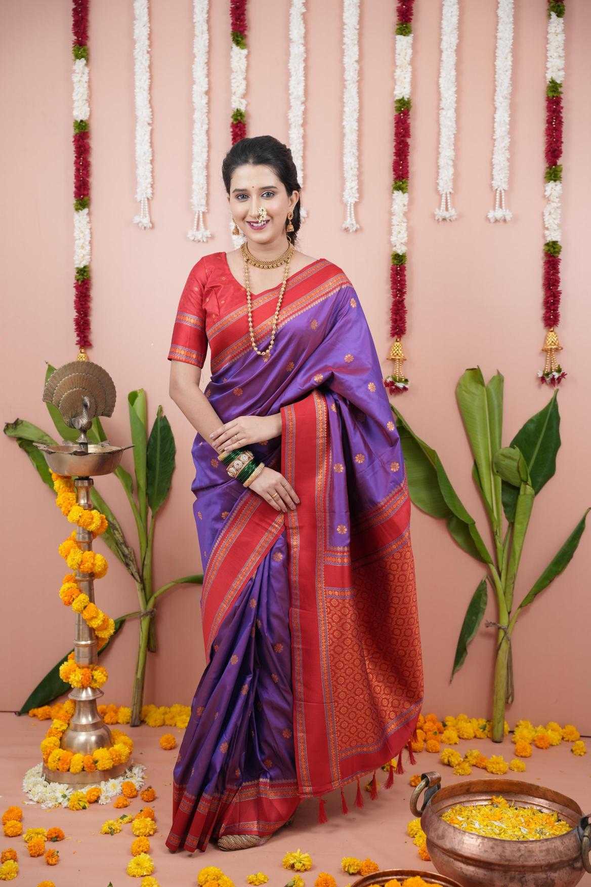 Narayanpet Soft Silk Saree with Zari Motifs & Contrast Pallu – Narayan Border & Contrast Blouse [Purple] - House of ViDi