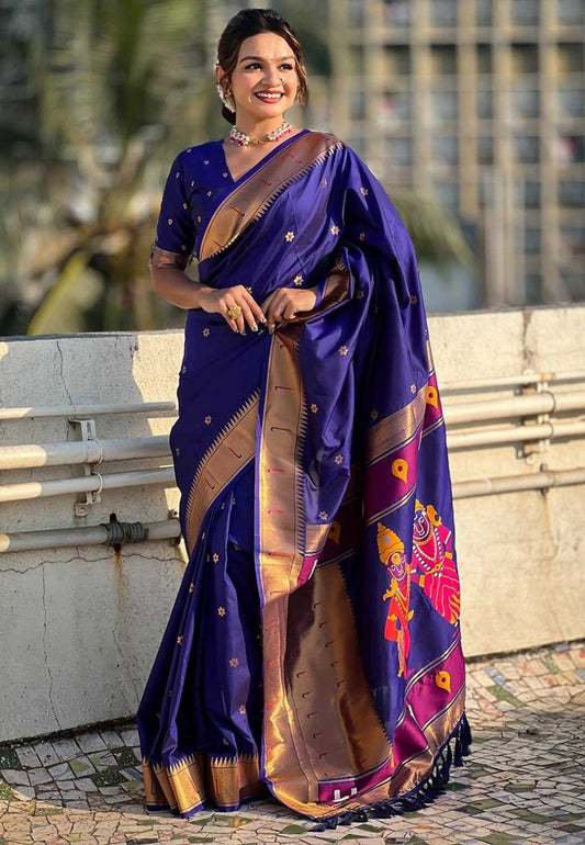 Vitthala Paithani Silk Saree with Muniya Border & Brocade Blouse – Traditional Wedding & Festive Wear [Purple] - House of ViDi