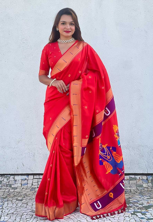 Vitthala Paithani Silk Saree with Muniya Border & Brocade Blouse – Traditional Wedding & Festive Wear [Red] - House of ViDi