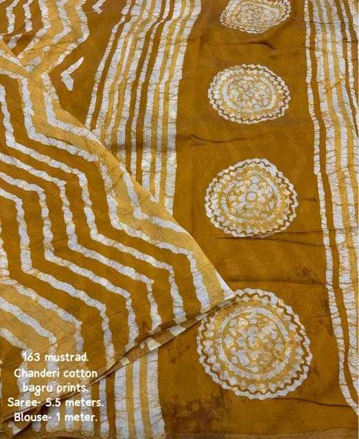 Mustard Chanderi Cotton Bagru Batik Printed Saree with Zig Zag Motifs & Tassel Pallu | House of ViDi