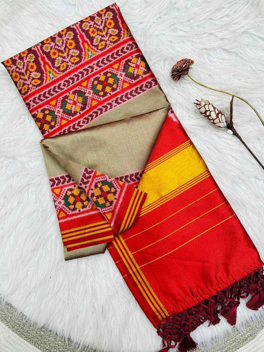 Grey Pure Patola Silk Saree with Double Ikkat Print, Lagadi Pallu & Zari Border | Premium Soft Silk Saree - House of ViDi