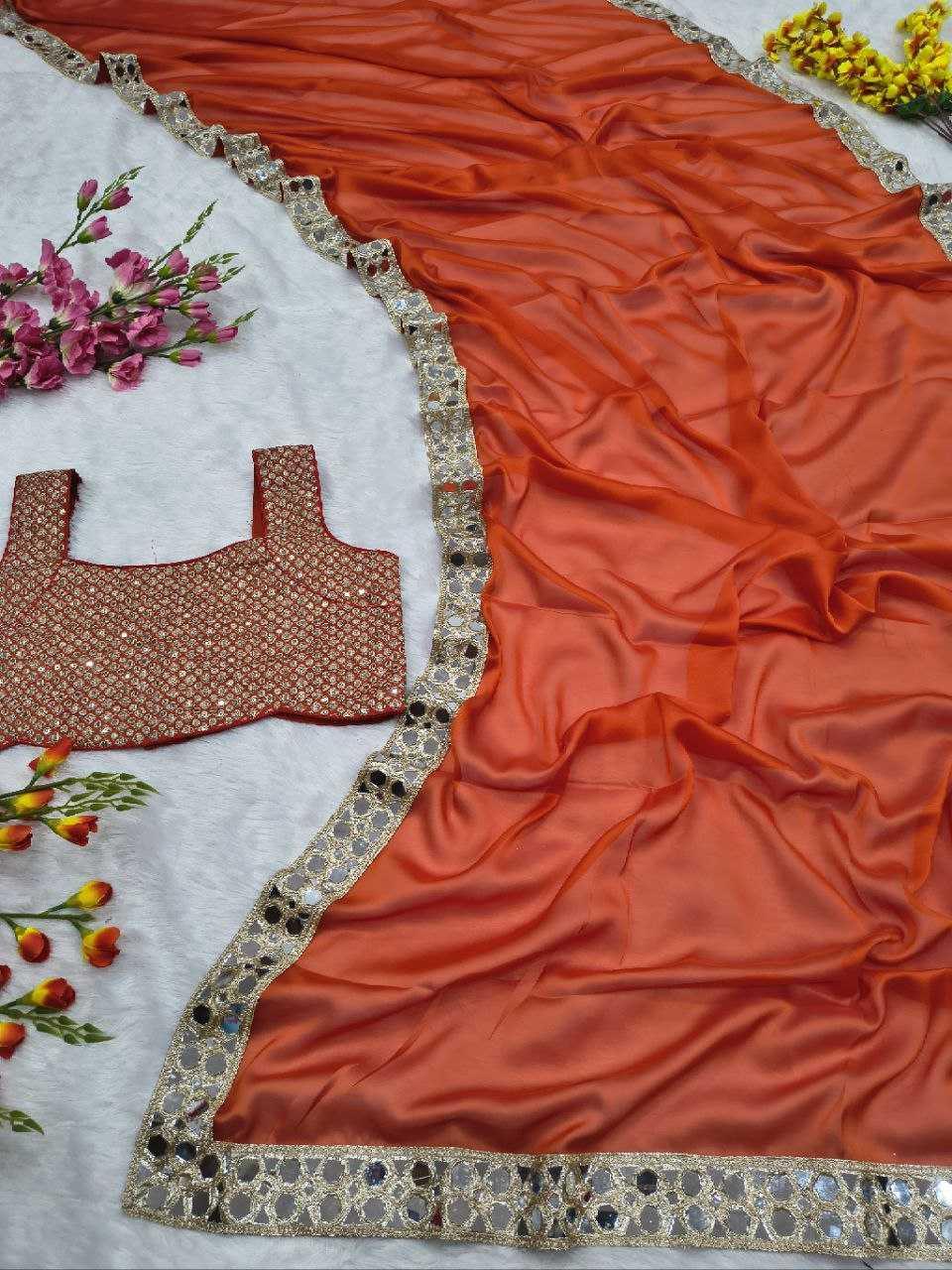 Premium Rangoli Silk Mirror Work Designer Saree with Embellished Border [Orange] - House of ViDi