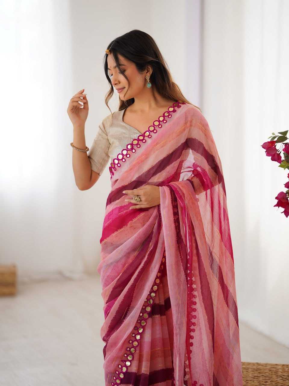 Pink Heavy Marble Chiffon Lehriya Print Saree with Zari & Mirror Border – Elegant Festive & Party Wear Saree