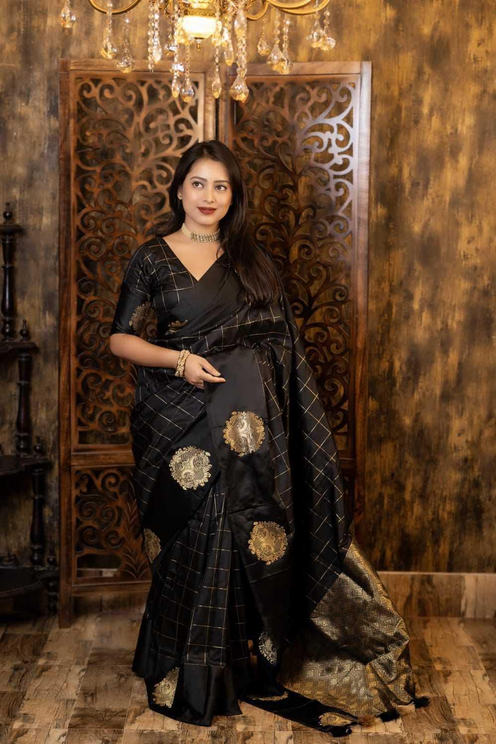 Black Premium Satin Silk Party Wear Saree with Zari Woven Border & Butta Design - House of ViDi