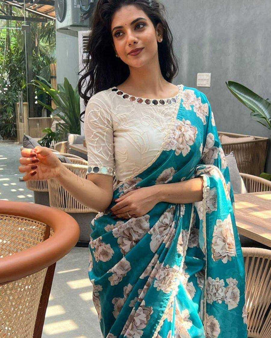 Aqua Blue Tebby Silk Digital Print Saree with Lace Border - House of ViDi