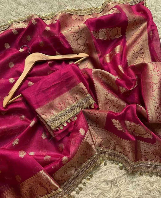 Rani Banarasi Soft Tissue Silk Saree with Zari Weaving & Coin Lace – Elegant Wedding Wear Saree - House of ViDi