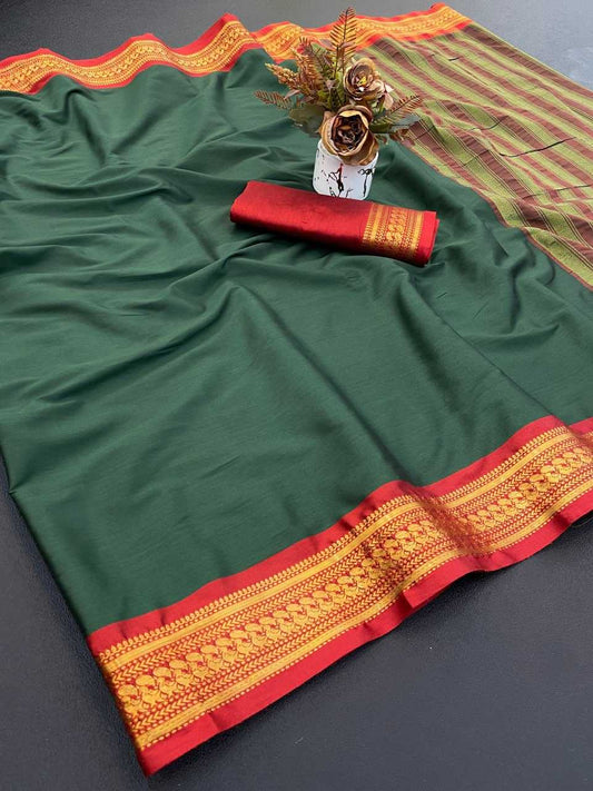 Green Aura Cotton Designer Saree with Rich Border & Chitt Pallu – Festive & Elegant Wear