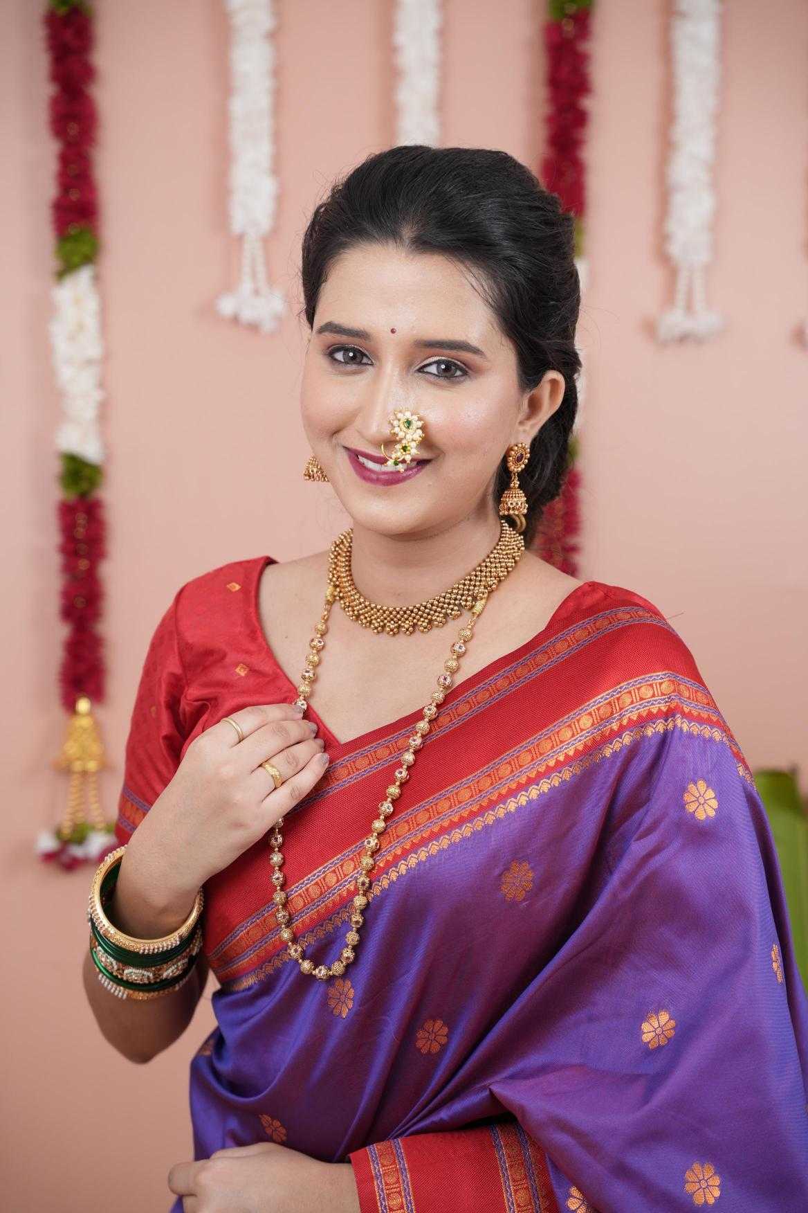Narayanpet Soft Silk Saree with Zari Motifs & Contrast Pallu – Narayan Border & Contrast Blouse [Purple] - House of ViDi