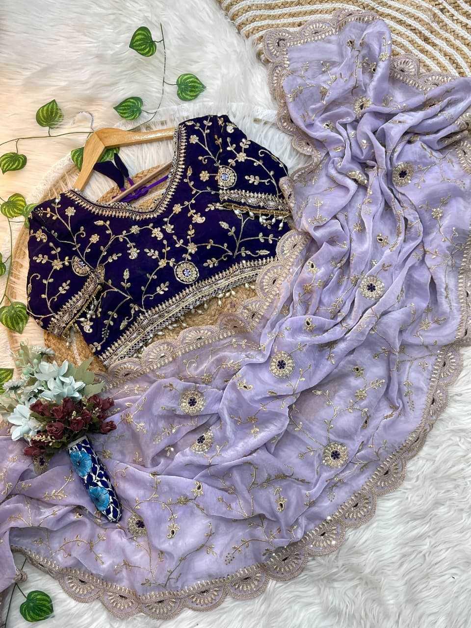 Purple Designer Party Wear Fendy Satin Saree with Heavy Sequin Embroidery & Stitched Blouse - House of ViDi
