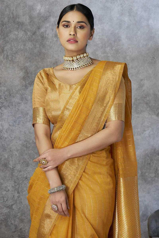 Mustard Pure Khadi Cotton Handloom Saree with Rich Pallu & Tassel Detailing | Designer Traditional Saree - House of ViDi