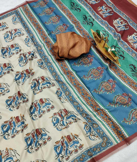 White Warli x Kalamkari Edition Soft Silk Saree with Designer Pallu & Zari Border – Premium Soft Silk Saree - House of ViDi