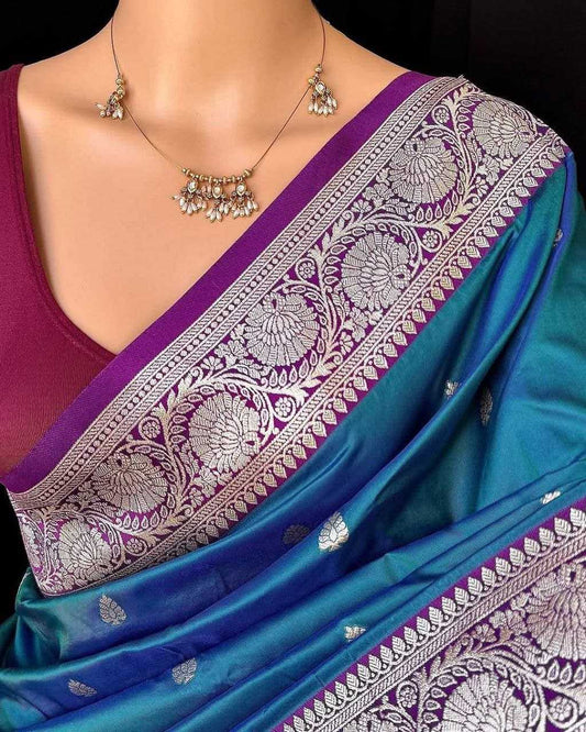 Blue Pure Soft Banarasi Silk Saree with Mina Work, Butti Weaving & Rich Contrast Border | Designer Party Wear Saree
