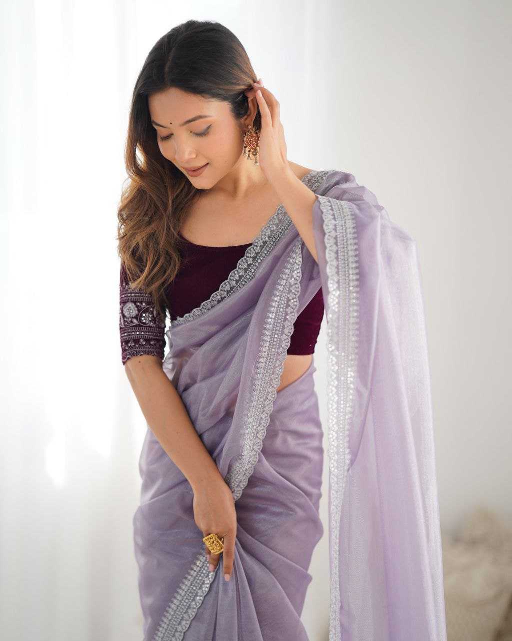Elegant Lilac Twill Net Saree with 3mm Sequins & Rich Gold Zari Work [Lavender]