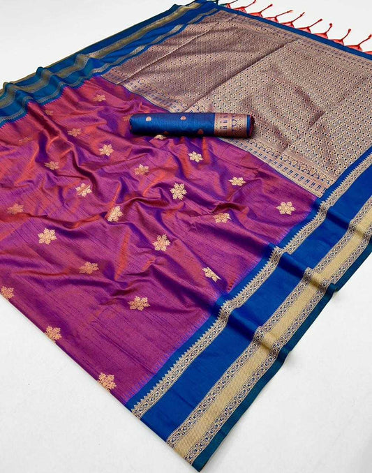 Purple Tussar Silk Handloom Weaving Saree with Rich Zari Border – Perfect for Festivals & Celebrations - House of ViDi
