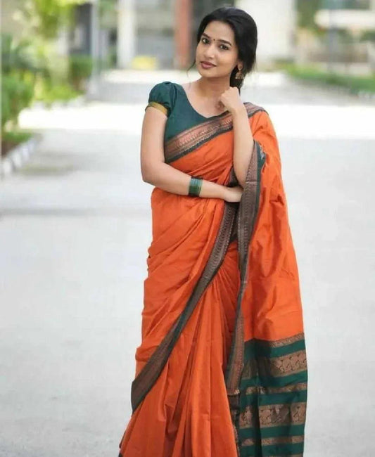 Orange Soft Lichi Silk Saree with Rich Pallu & All-Over Jacquard Weaving | Designer Traditional Silk Saree - House of ViDi