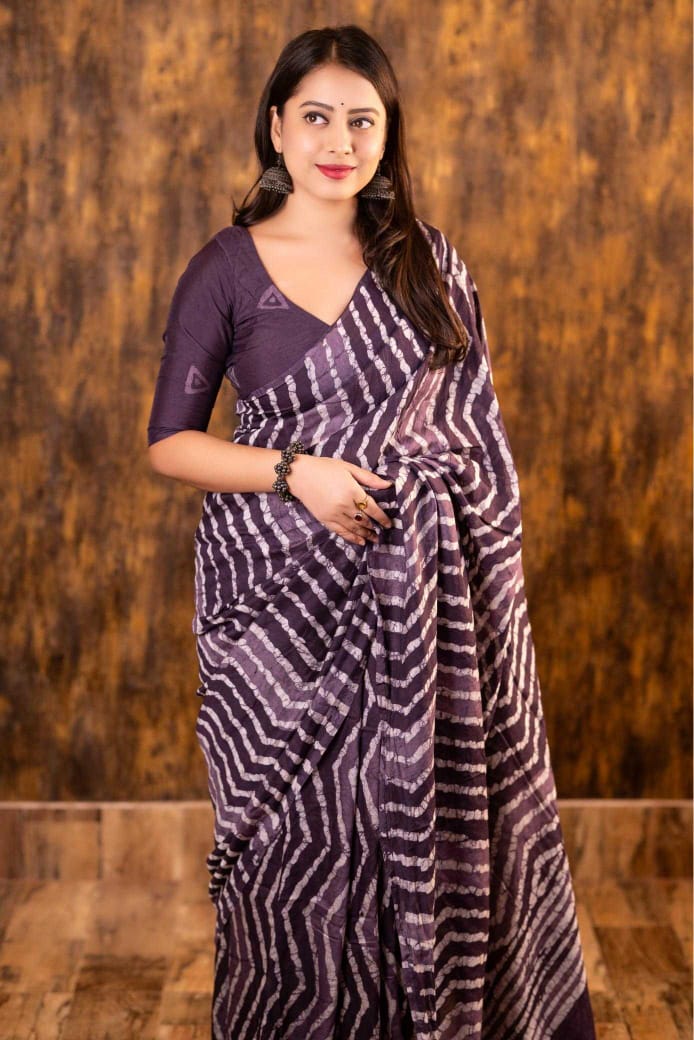 Purple Chanderi Cotton Bagru Batik Printed Saree with Zig Zag Motifs & Tassel Pallu | House of ViDi