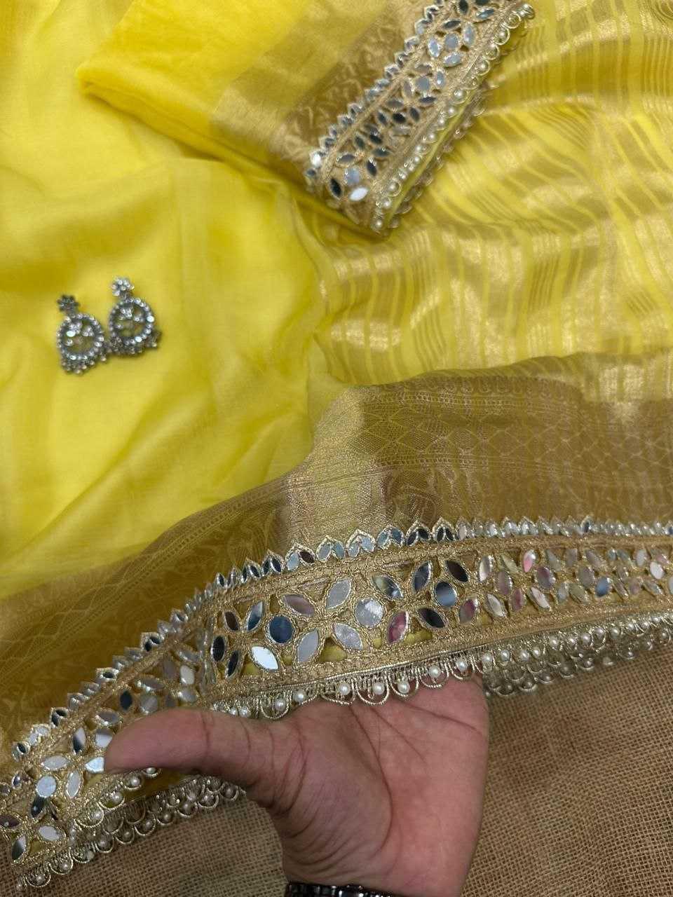 Mustard Yellow Tussar Organza Saree with Mirror Work - House of ViDi